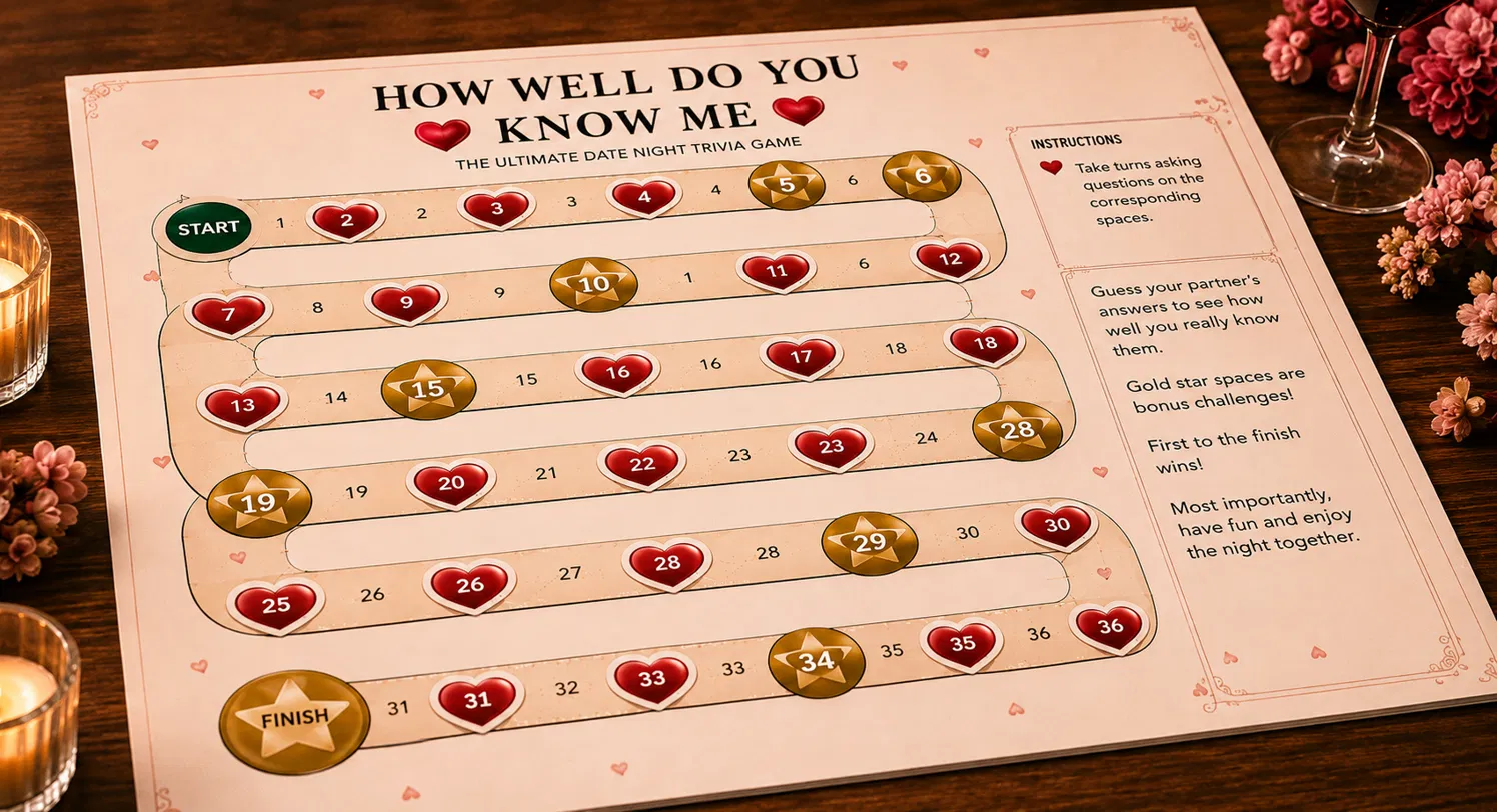 The full printed spread of cards, board and scorecards from the date night game